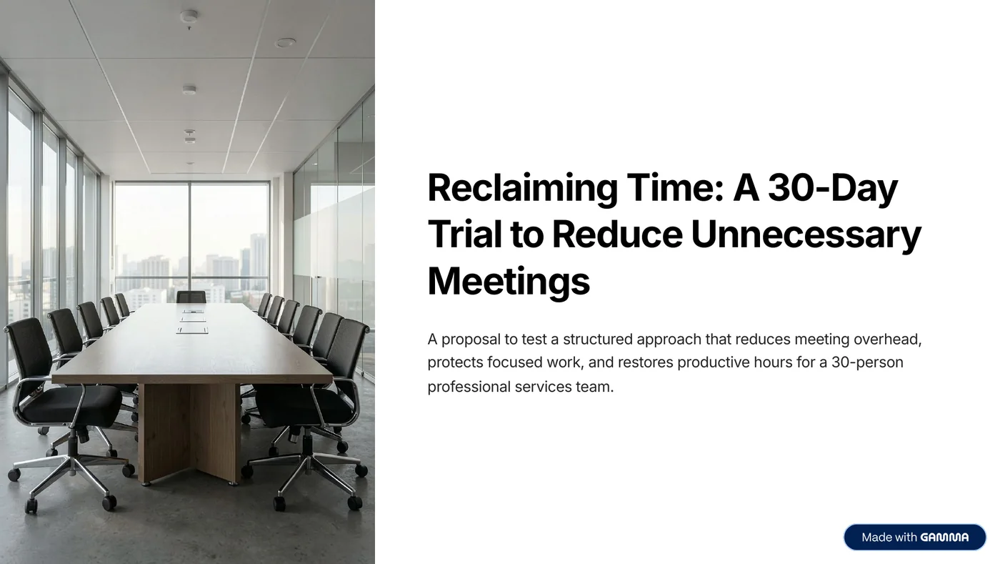 Cover slide: Reclaiming Time, a 30-day trial to reduce unnecessary meetings.